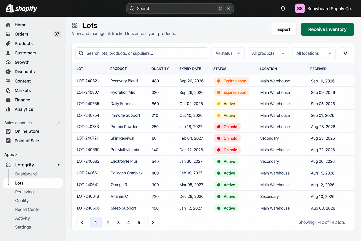 Lotegrity lot inventory view